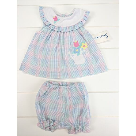 Vintage Samara Dress 6-9 Months Pastel Gingham Appliqué Diaper Cover Floral - Picture 1 of 9